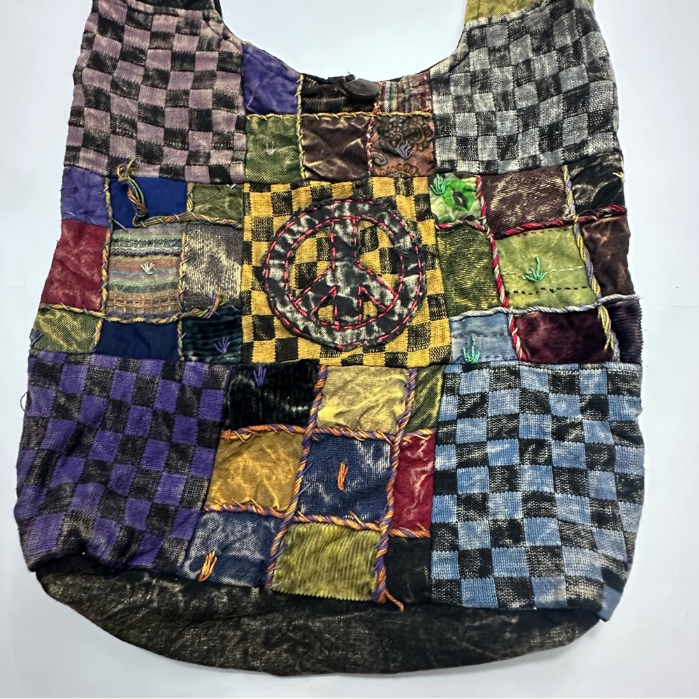 Boho Patchwork Crossbody Sling Bag – Handmade in Nepal – Peace Sign Embroidery